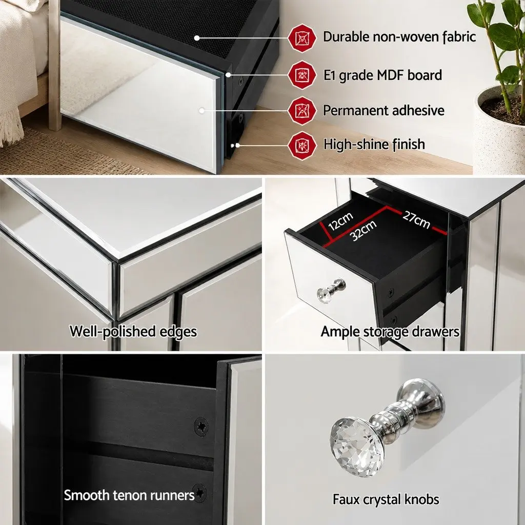 Mirrored Bedside Table 3 Drawers Silver 40cm W x 40cm D x 58cm H