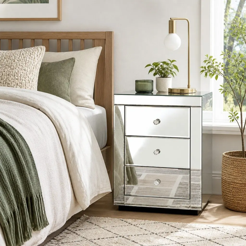 Mirrored Bedside Table 3 Drawers Silver 40cm W x 40cm D x 58cm H