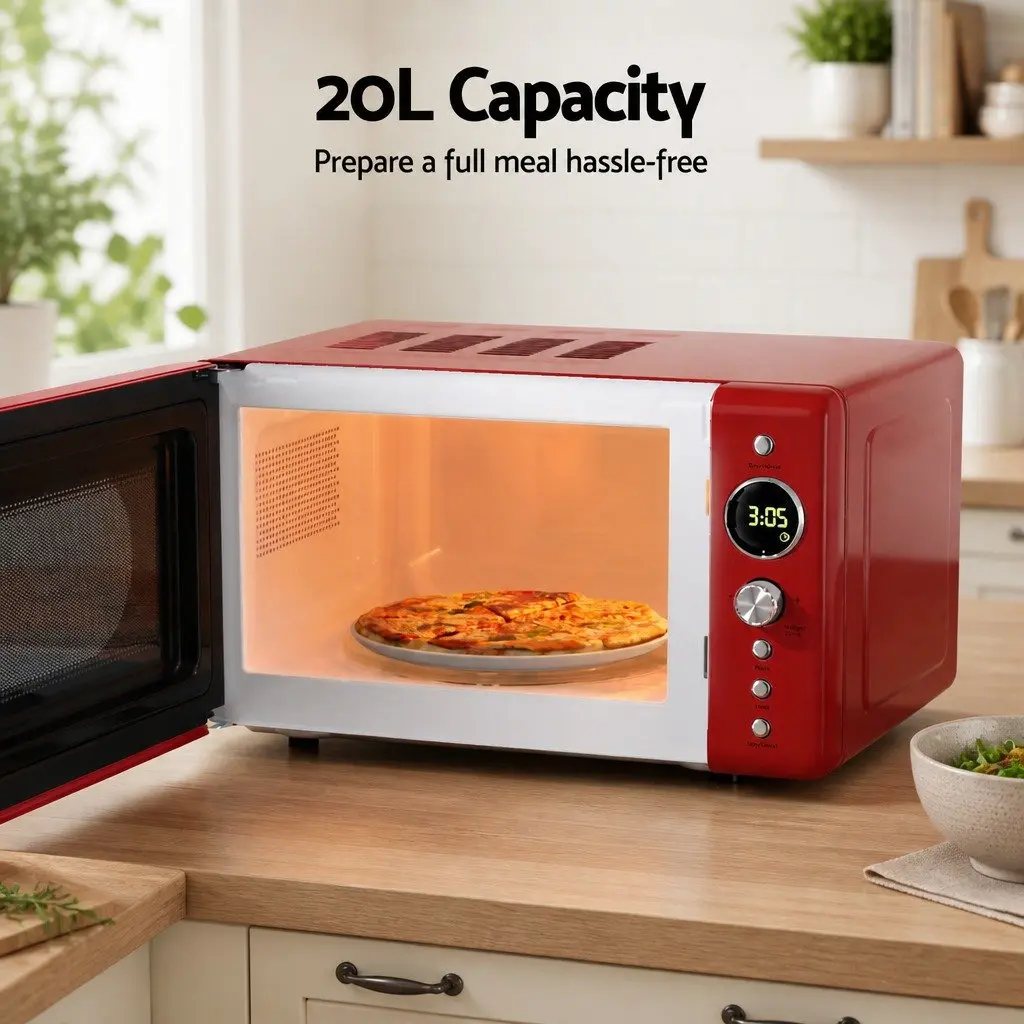 Microwave Oven 20L Red Digital Control 700W 8 Auto Cook Menus 6 Power Levels