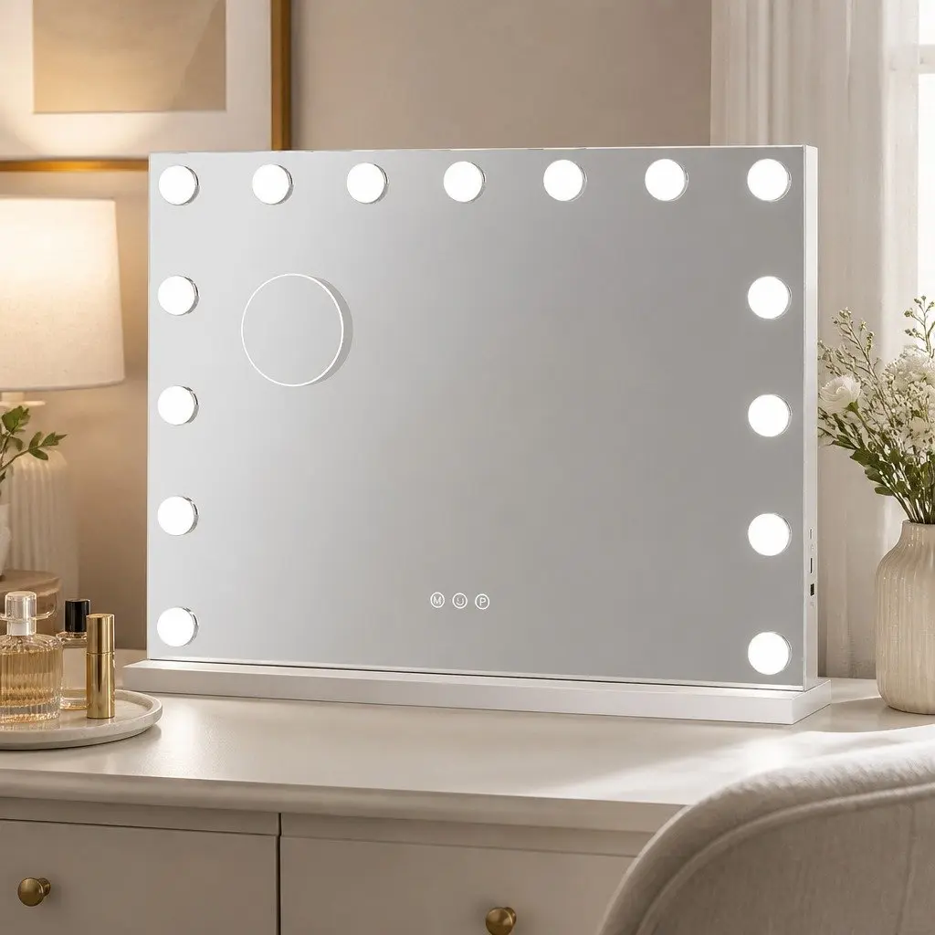 LED Vanity Mirror 45x58cm with 3-Color Adjustable Lighting and Detachable 10x Magnifying Mirror