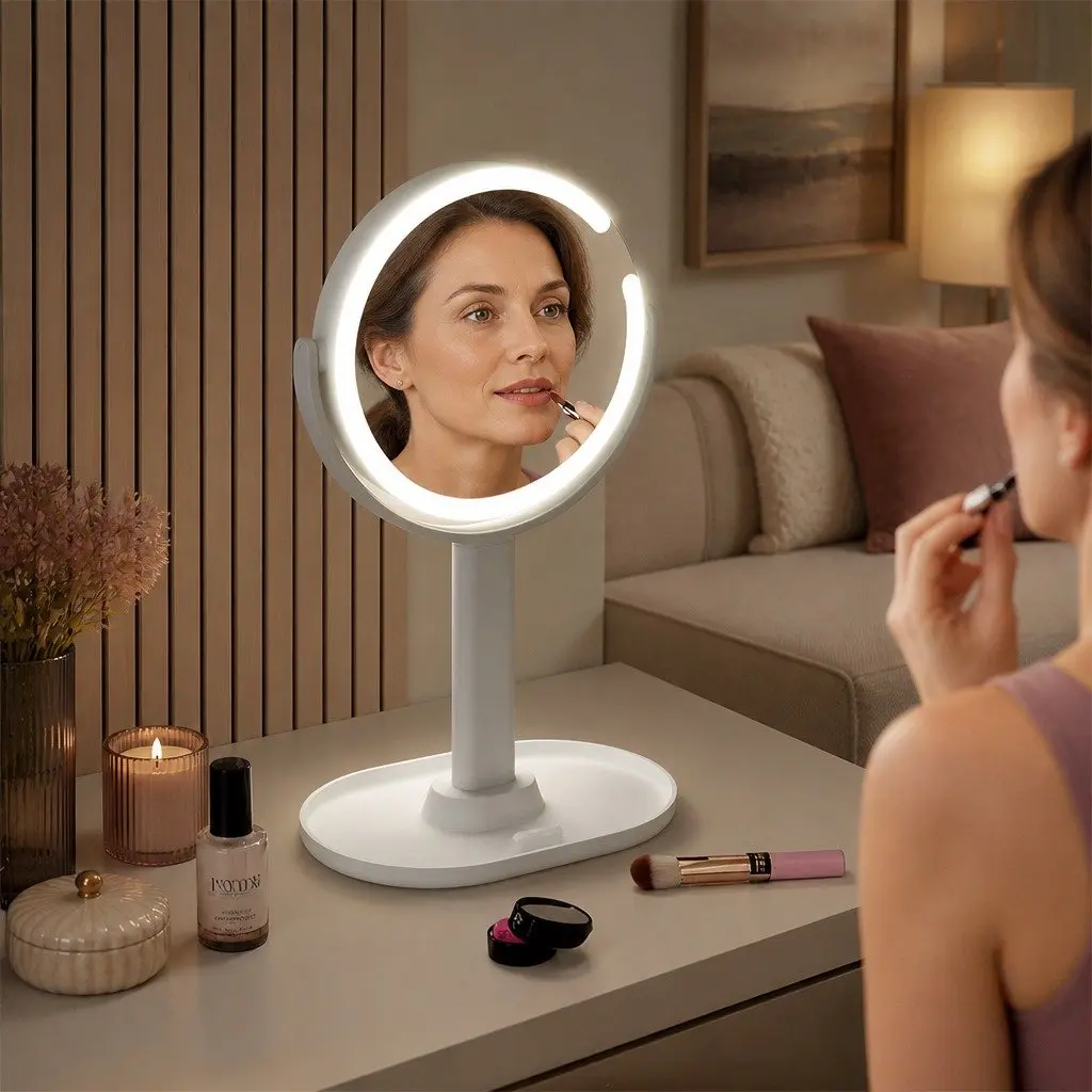 LED Makeup Mirror Double-Sided 10x Magnifying 19cm with Adjustable LED Lighting USB Rechargeable
