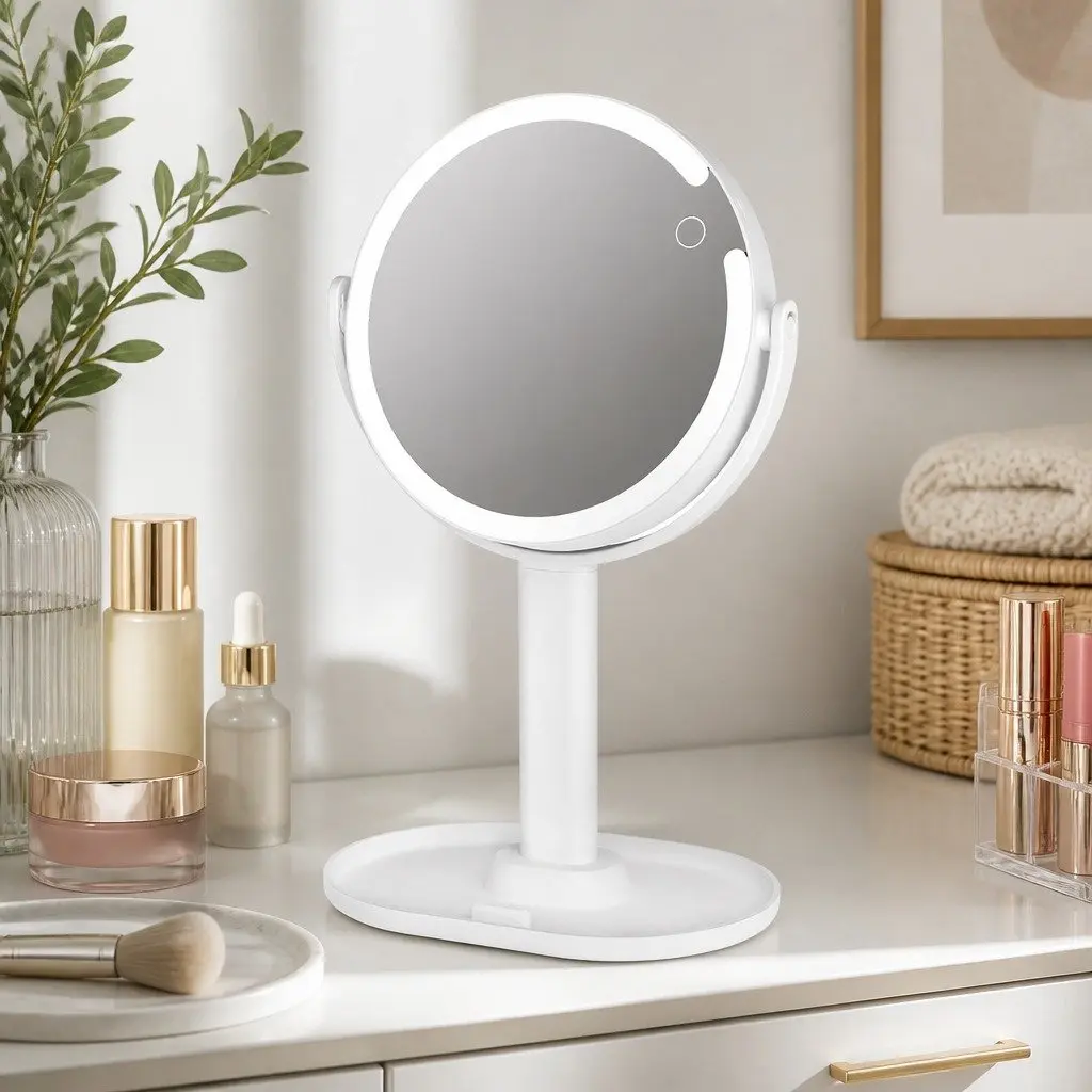 LED Makeup Mirror Double-Sided 10x Magnifying 19cm with Adjustable LED Lighting USB Rechargeable