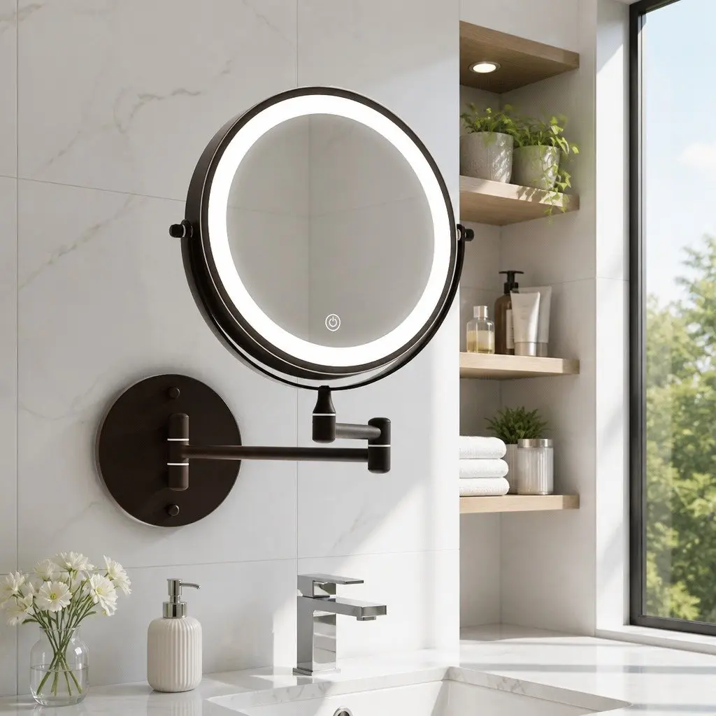 Makeup Mirror Extendable Double-Sided 10X Magnification Brown LED Illuminated 33cm x 32cm