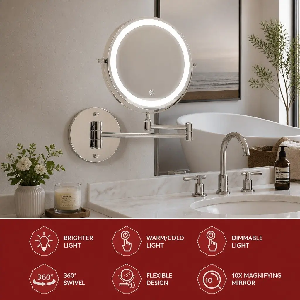 Makeup Mirror Extendable 10X Magnifying LED 33cm x 32cm