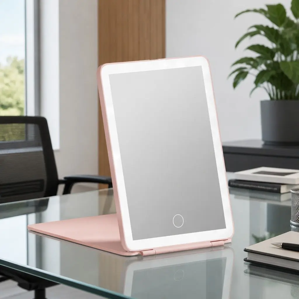LED Makeup Mirror Pink Portable Foldable 20cm x 13.5cm