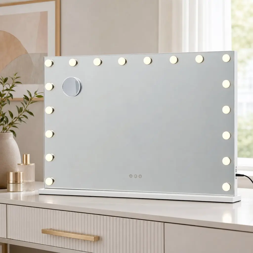 Hollywood Vanity Mirror Frameless 90x60cm with 18 Dimmable LED Bulbs and 10x Magnification Glass