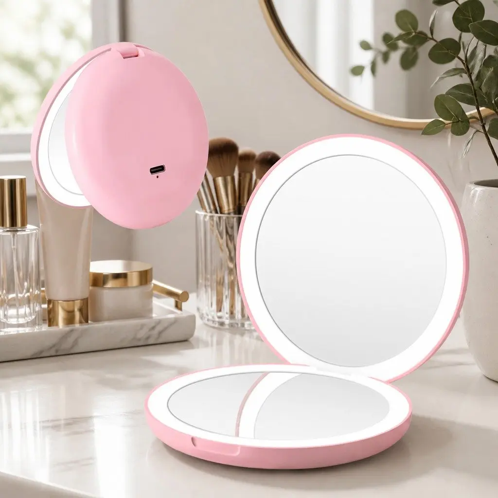 LED Makeup Mirror Dual-Sided Magnification 1x 10x Compact Lighted Pink Round