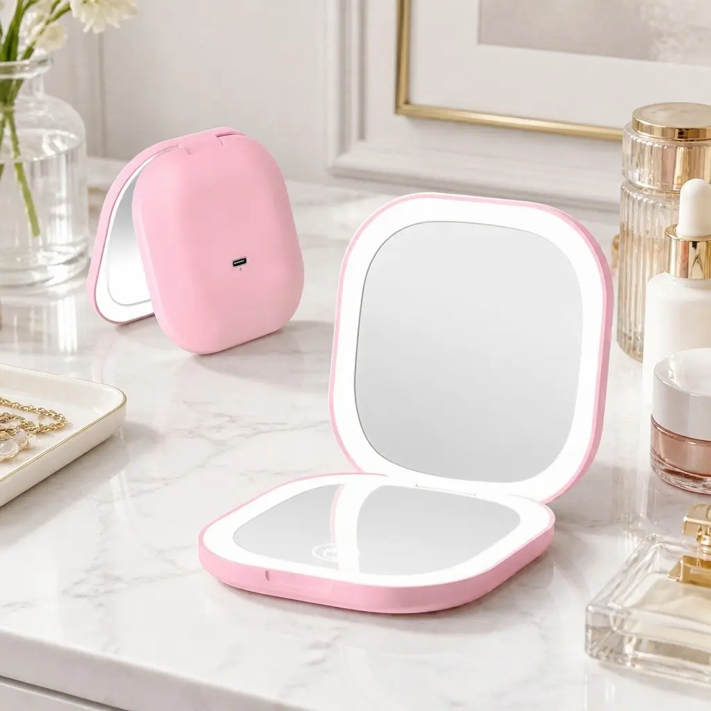 LED Makeup Mirror Dual Magnification Portable Lighted Square Pink 7.5cm