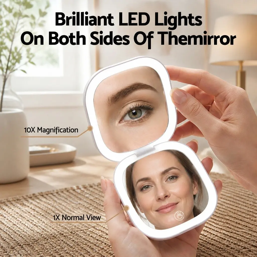 LED Compact Makeup Mirror Pocket-Sized Lighted Travel Mirror 1x 10x