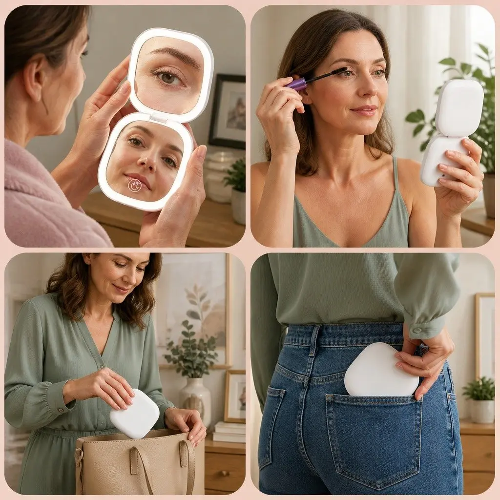 LED Compact Makeup Mirror Pocket-Sized Lighted Travel Mirror 1x 10x