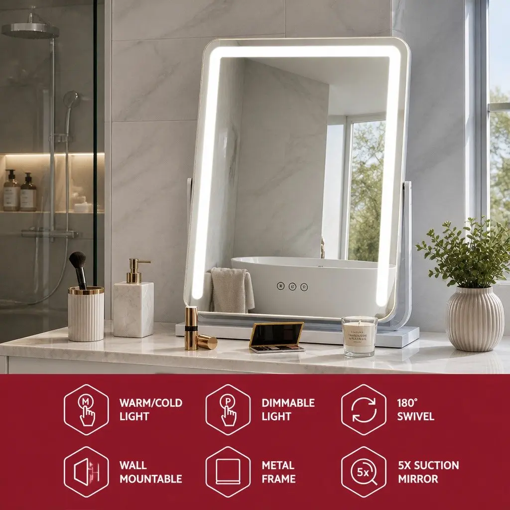 LED Makeup Mirror Touch Control 40x50cm 180° Rotation Adjustable Brightness