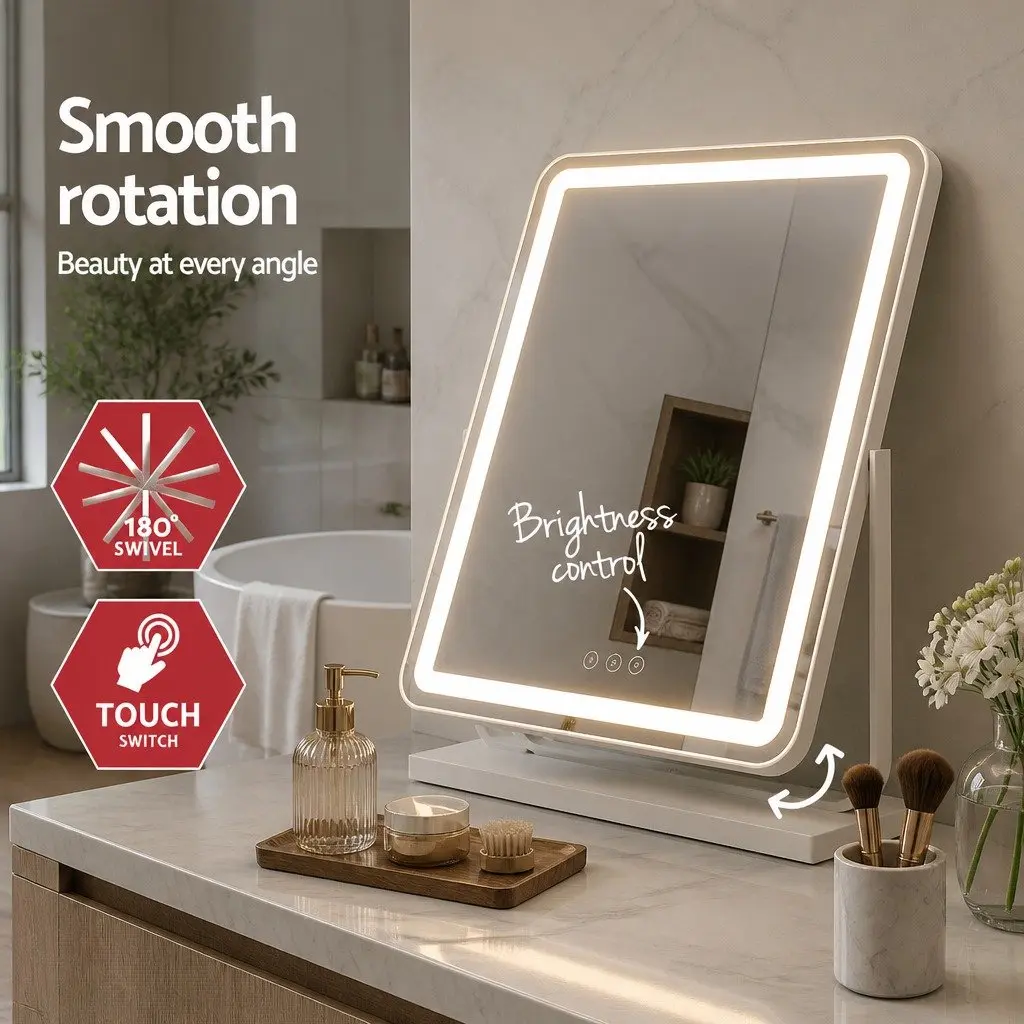 LED Makeup Mirror Touch Control 40x50cm 180° Rotation Adjustable Brightness