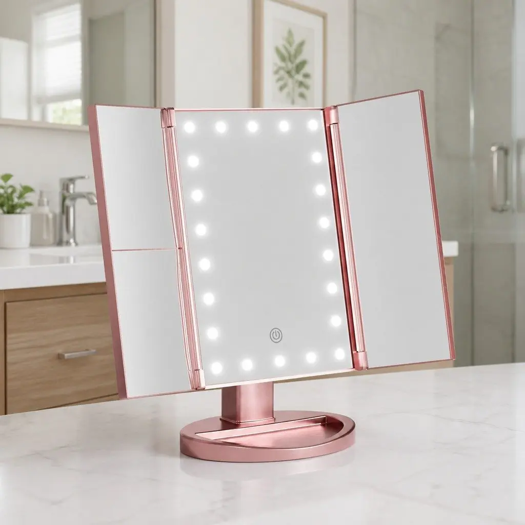 Tri-fold Makeup Mirror LED Light Touch Control 1X 2X 3X Magnifying Portable
