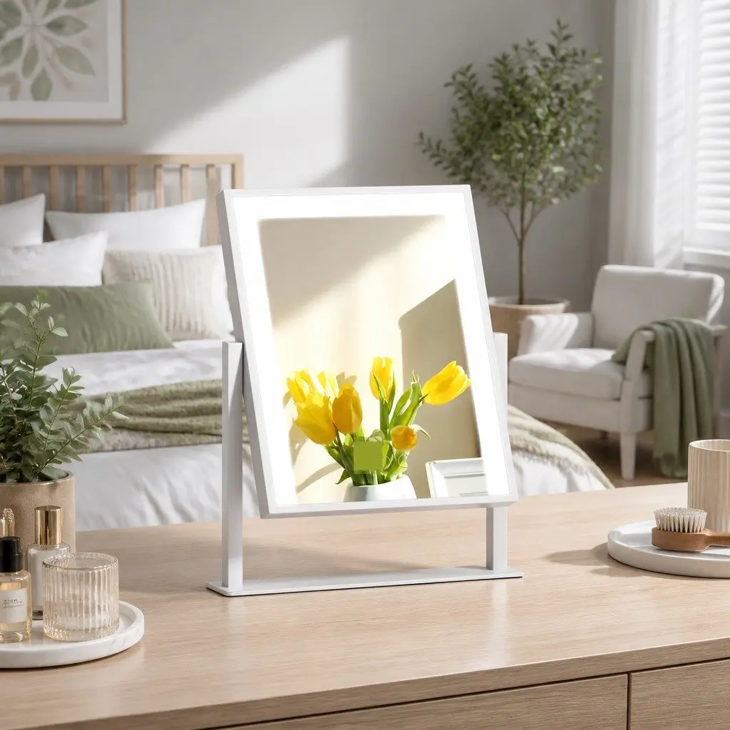 Standing Makeup Mirror LED Light 25x30cm Frameless Touch Control Rotation