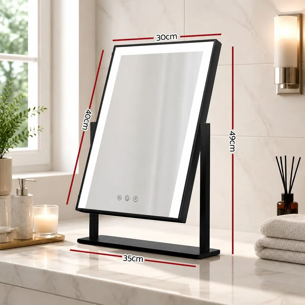 Makeup Mirror LED Light Touch Control 30x40cm Black Hollywood Style Rotatable