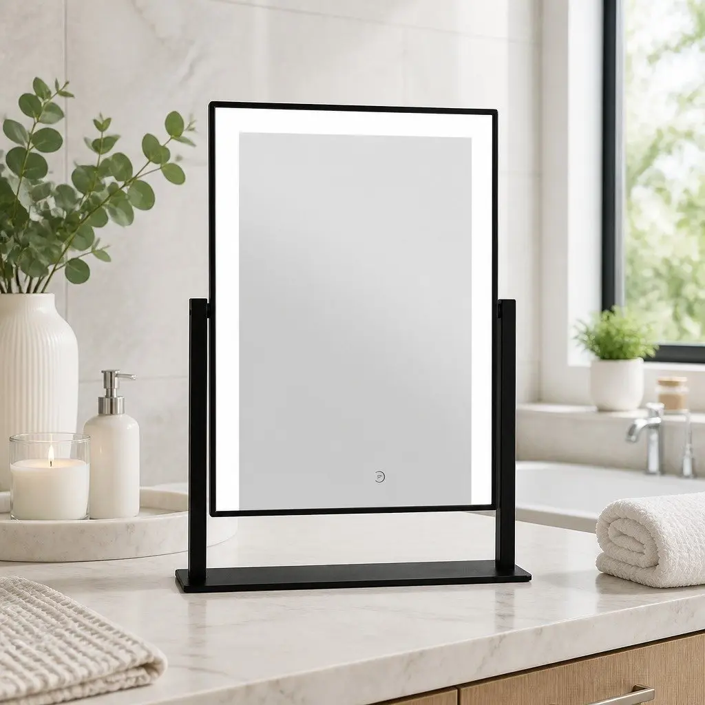 Makeup Mirror LED Light Touch Control 30x40cm Black Hollywood Style Rotatable
