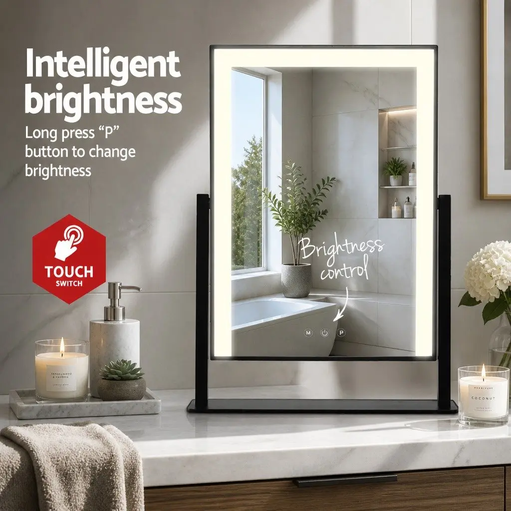 Makeup Mirror LED Light Touch Control 30x40cm Black Hollywood Style Rotatable