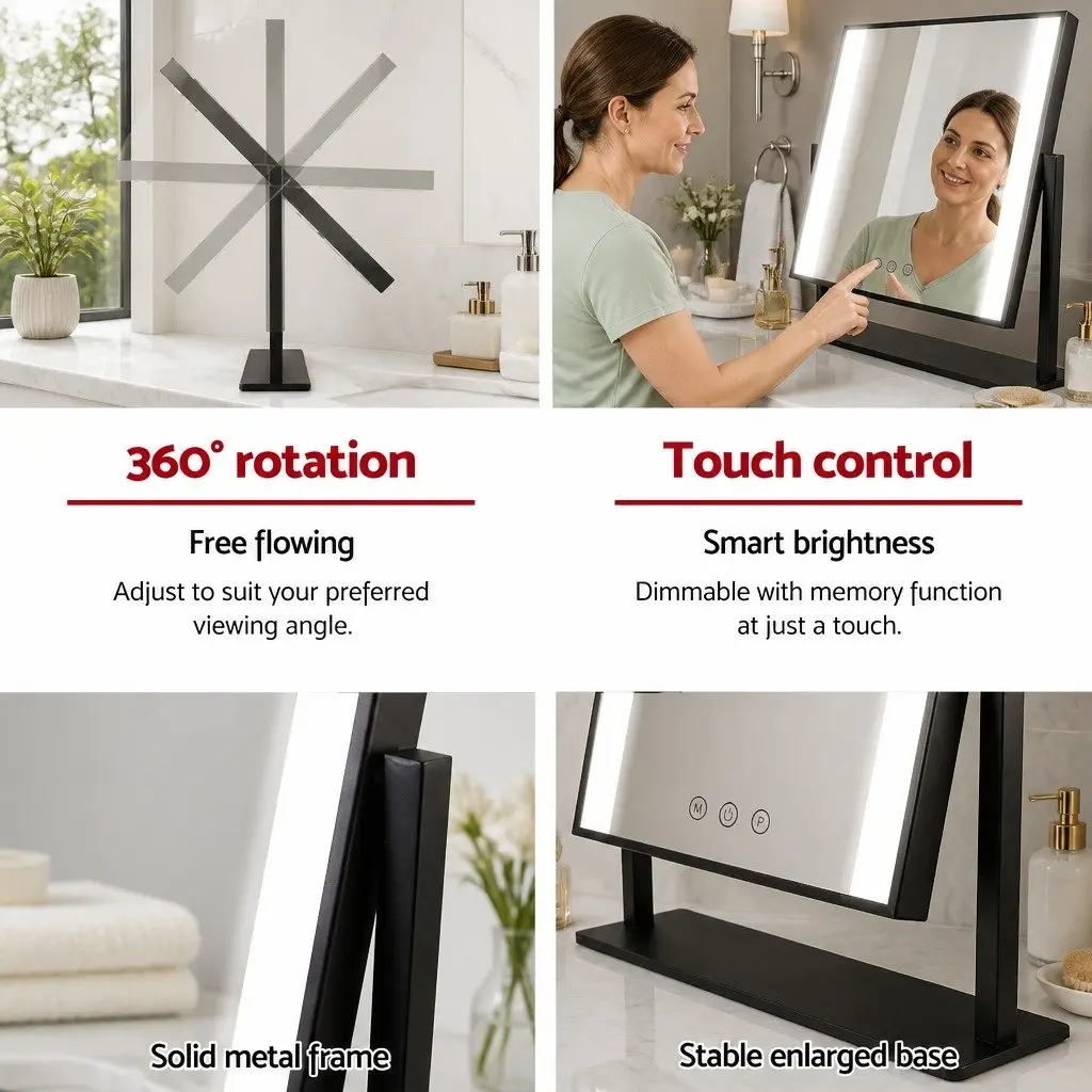 Makeup Mirror LED Light Touch Control 30x40cm Black Hollywood Style Rotatable