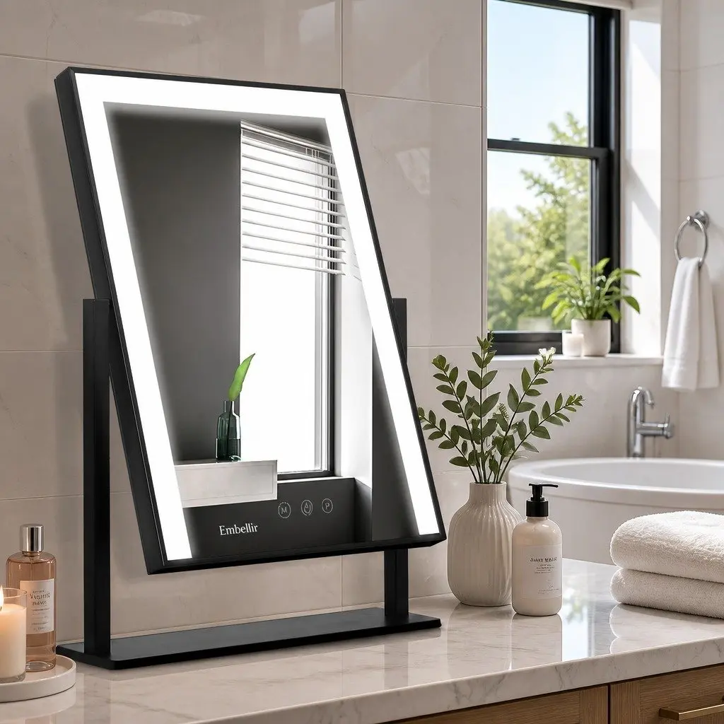 Makeup Mirror LED Light Touch Control 30x40cm Black Hollywood Style Rotatable