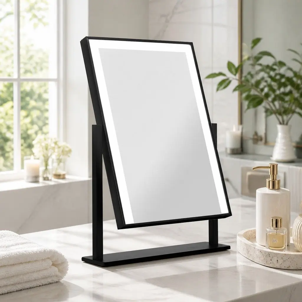 Makeup Mirror LED Light Touch Control 30x40cm Black Hollywood Style Rotatable