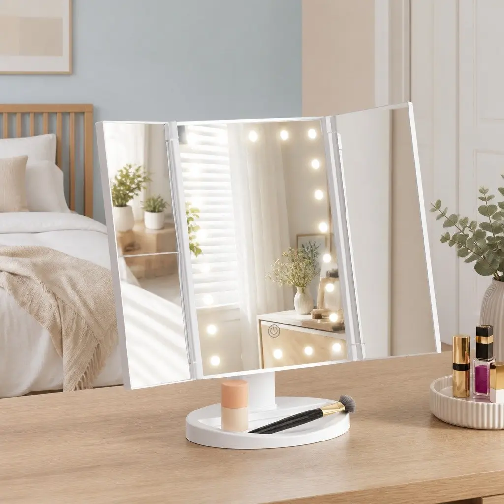Makeup Mirror LED Touch Light Tri-fold Portable 1X 2X 3X White