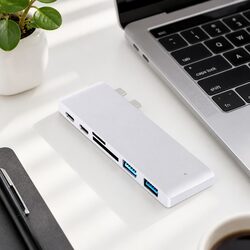 USB Type-C 6 Port Hub Adapter SD Card Reader Fast Data Transfer Silver