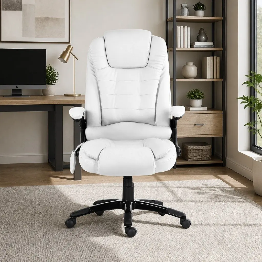 8 Point Massage Office Chair Heated Seat Recliner White High Back PU Leather