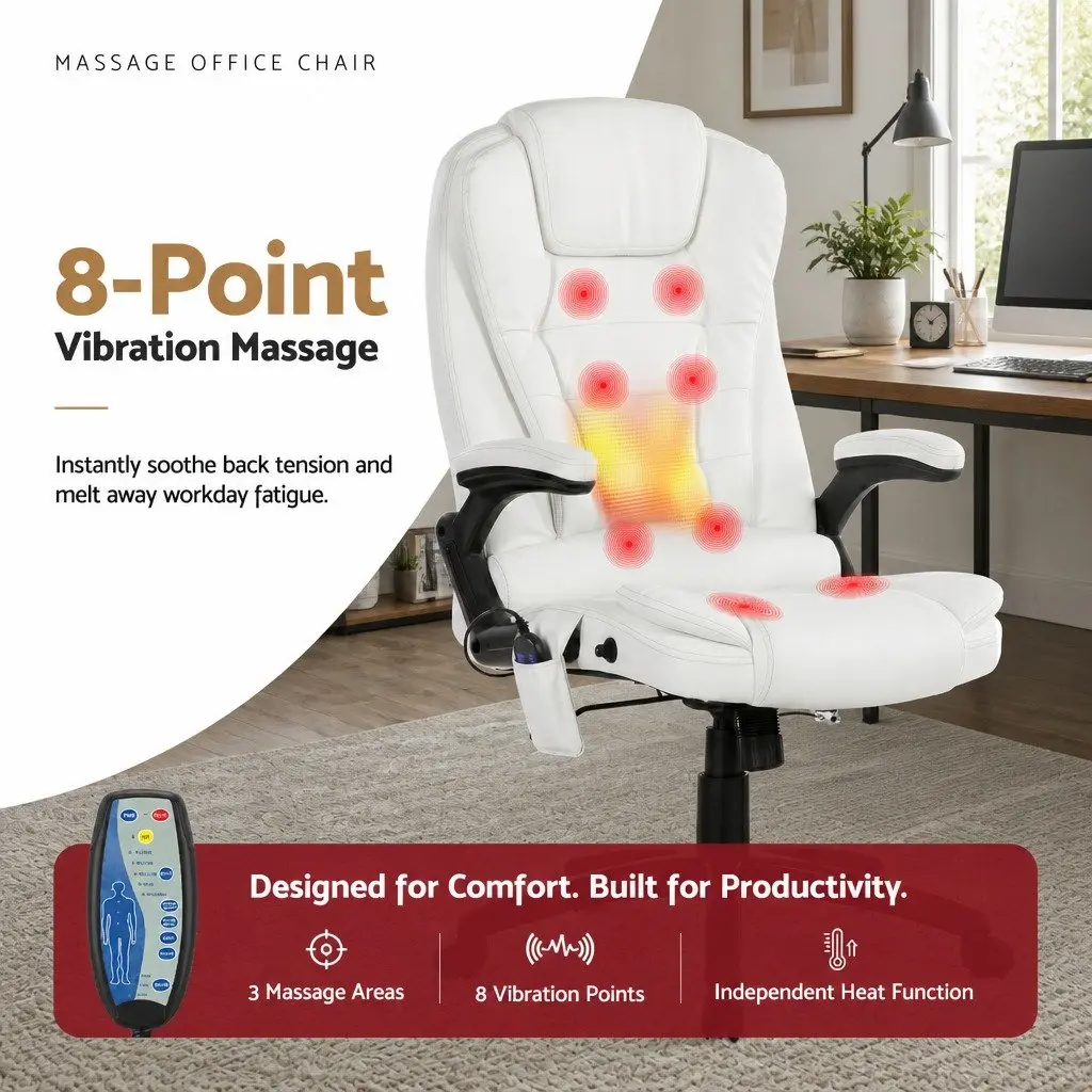 8 Point Massage Office Chair Heated Seat Recliner White High Back PU Leather