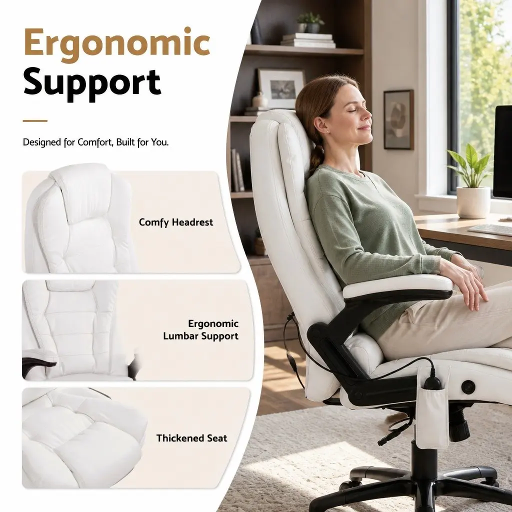 8 Point Massage Office Chair Heated Seat Recliner White High Back PU Leather