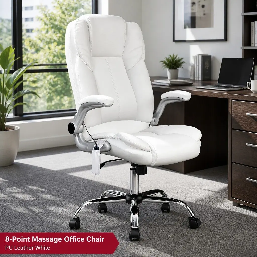 High Back Massage Office Chair 8 Point Vibration White PU Leather Adjustable Work Seat