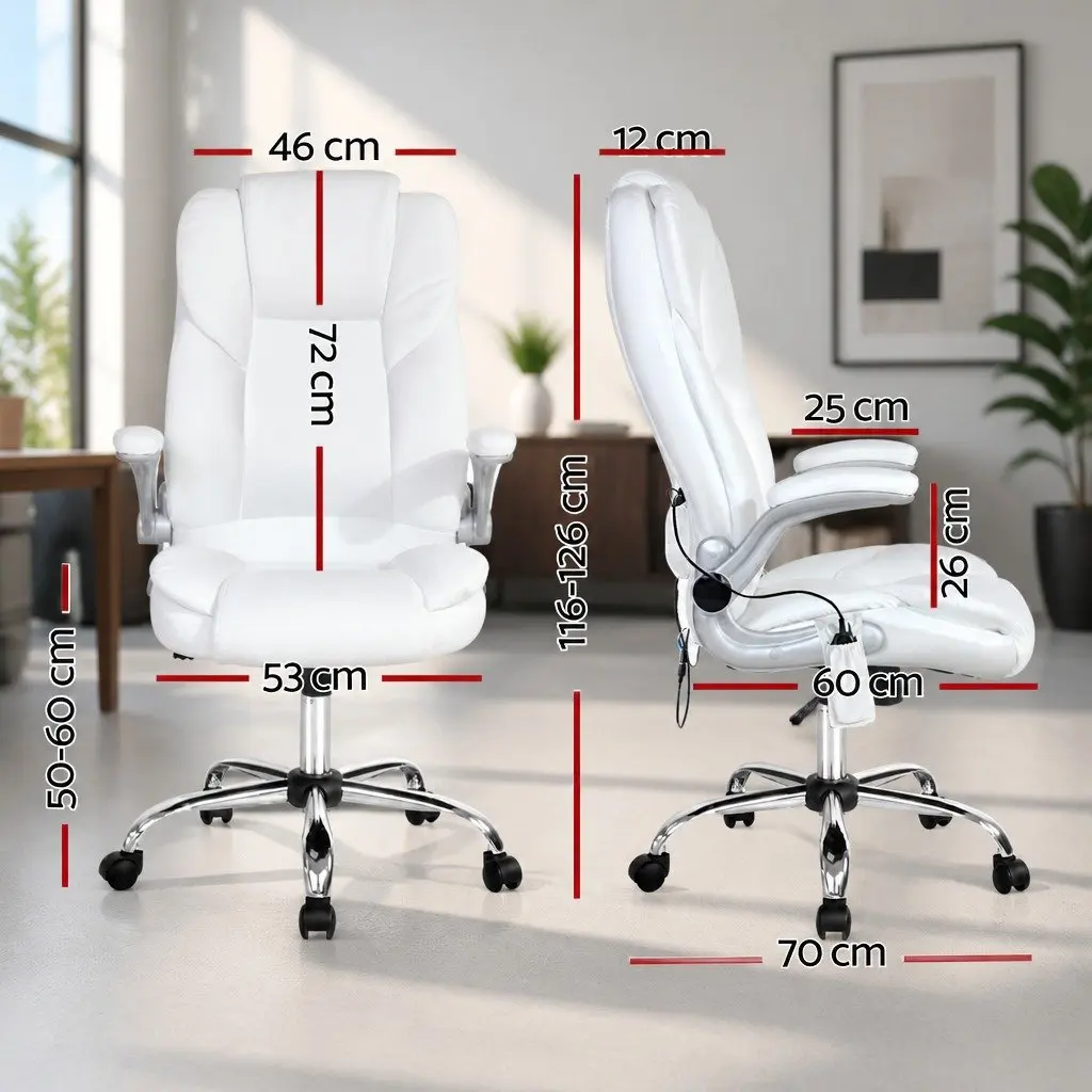 High Back Massage Office Chair 8 Point Vibration White PU Leather Adjustable Work Seat