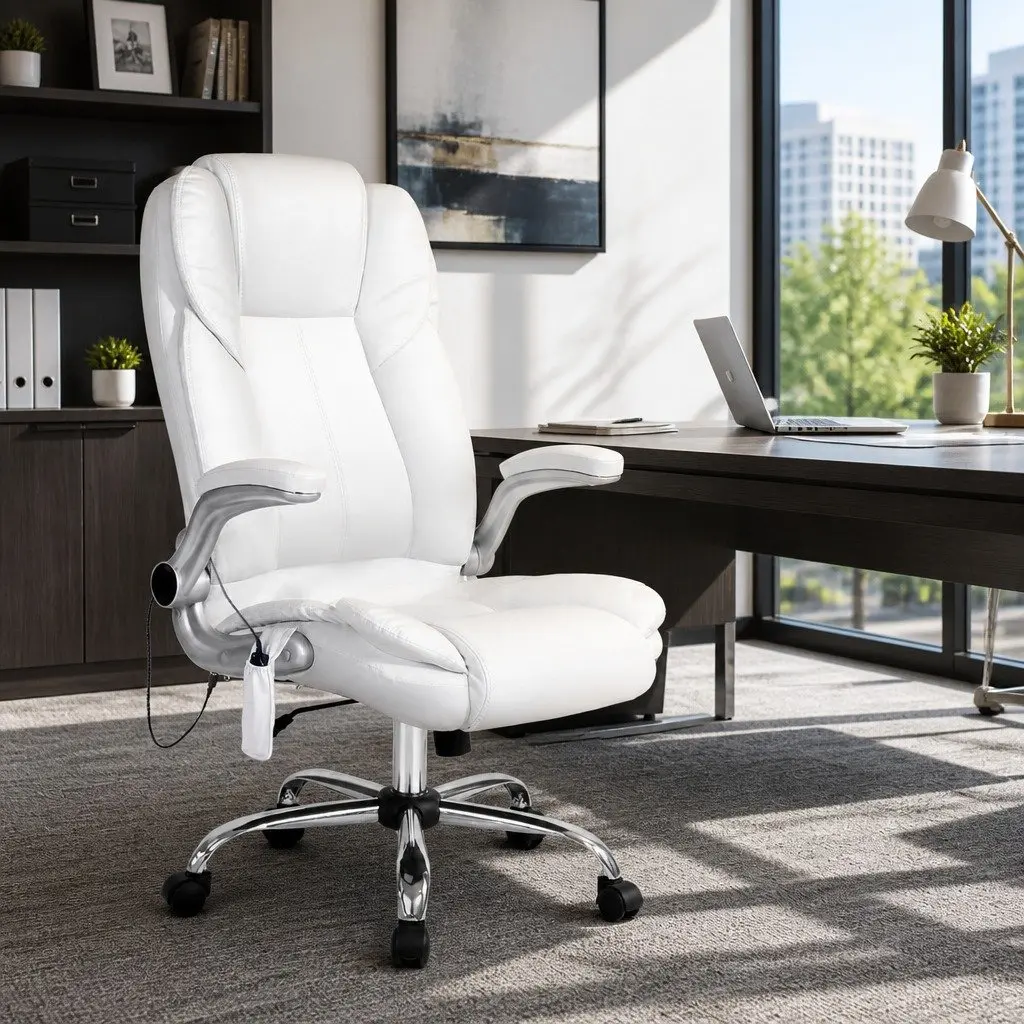 High Back Massage Office Chair 8 Point Vibration White PU Leather Adjustable Work Seat