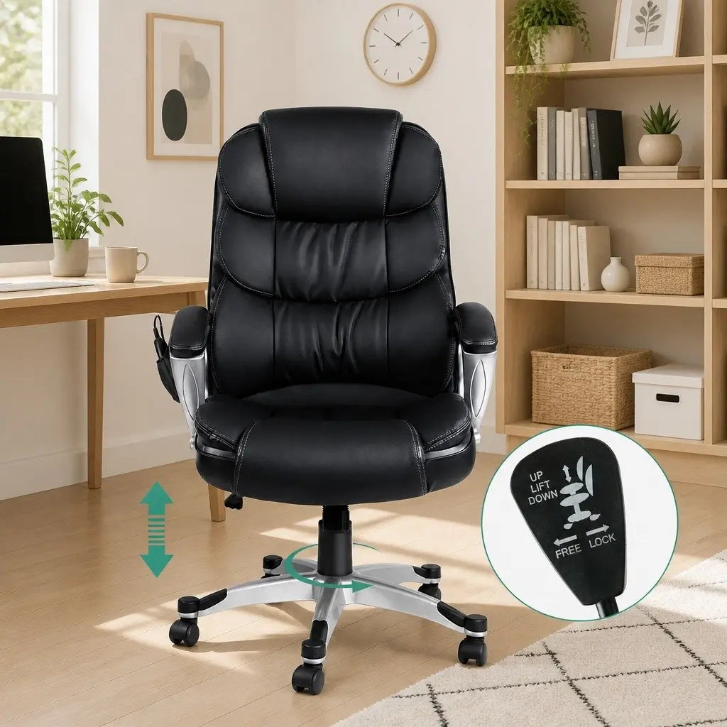 Heated Massage Chair Executive High Back PU Leather Black 8 Point
