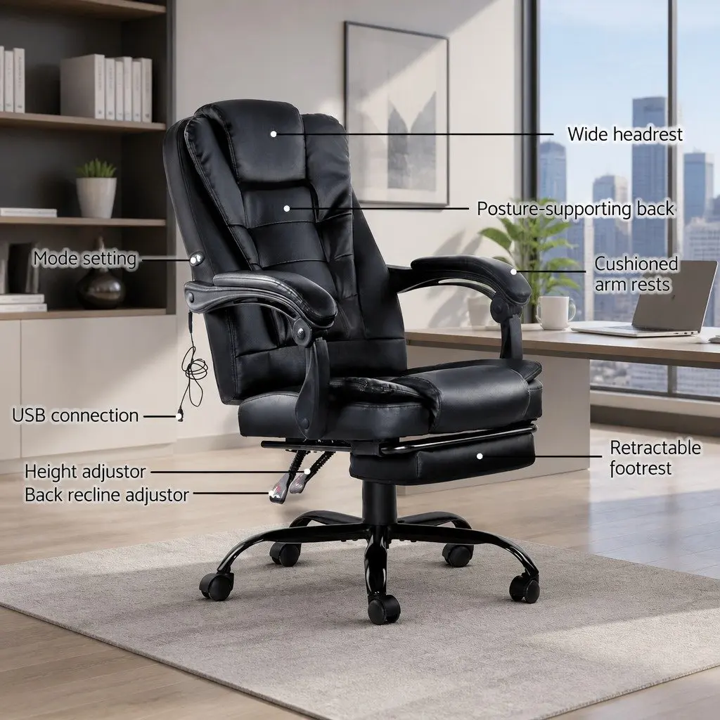 Massage Chair Adjustable Recliner 2-Zone Massage Black PU Leather with Footrest