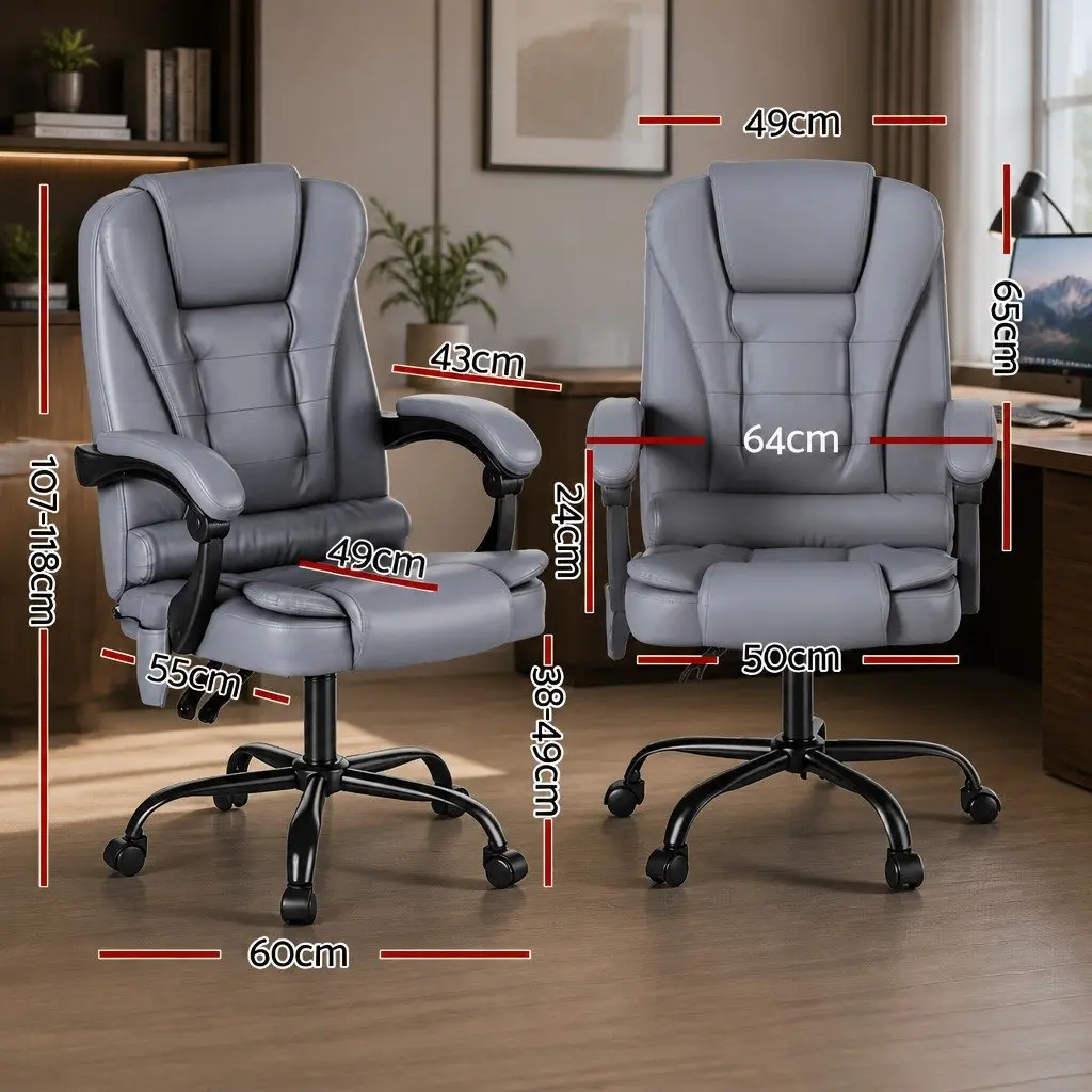 Massage Office Chair Ergonomic 4-Point Adjustable Reclining PU Grey