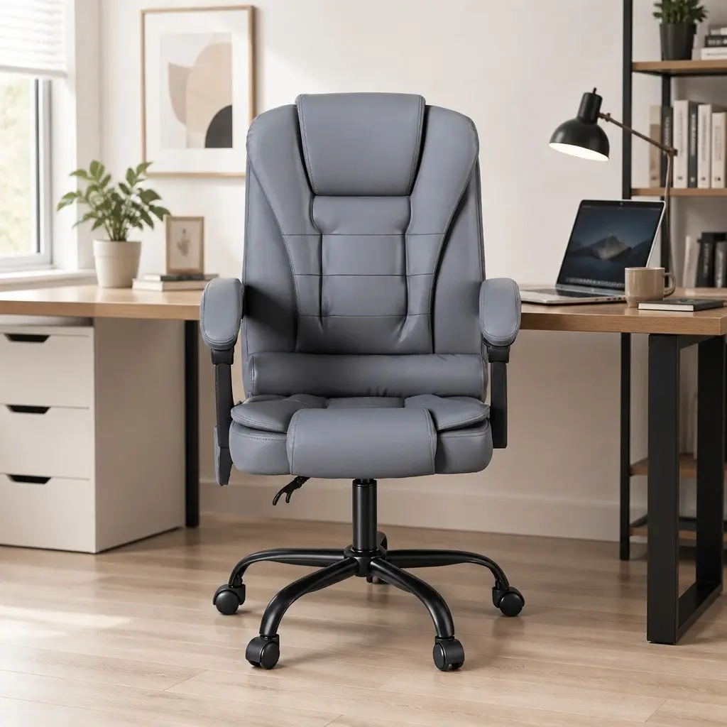 Massage Office Chair Ergonomic 4-Point Adjustable Reclining PU Grey