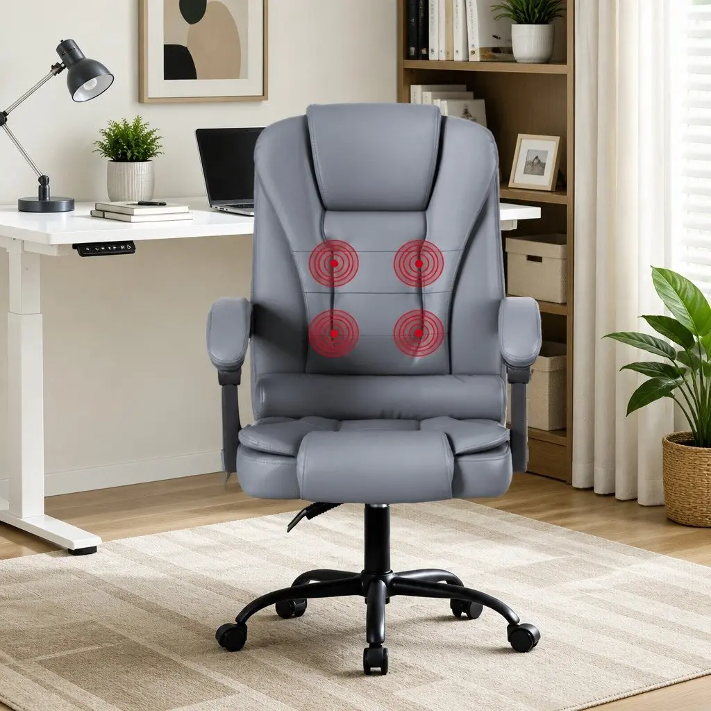 Massage Office Chair Ergonomic 4-Point Adjustable Reclining PU Grey