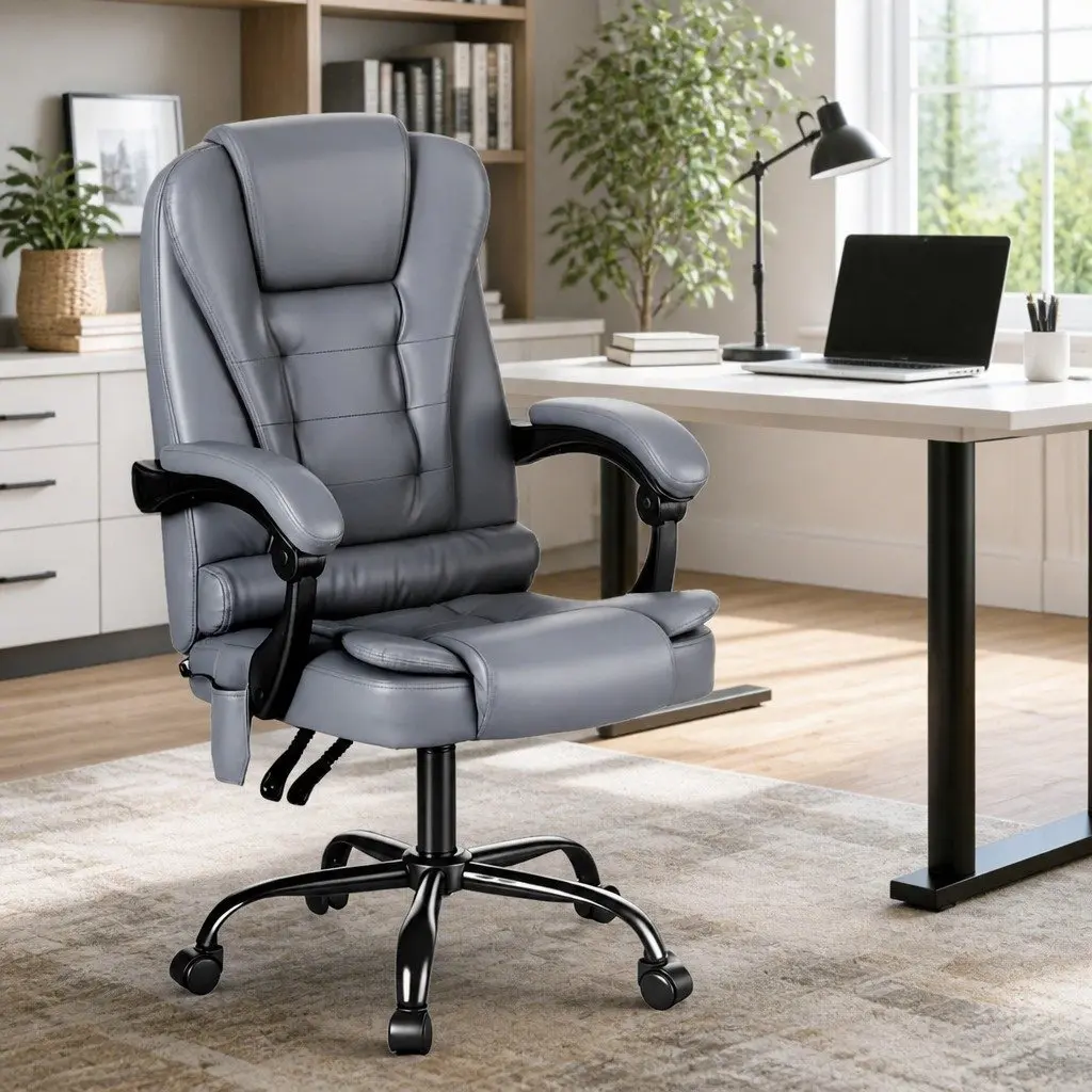 Massage Office Chair Ergonomic 4-Point Adjustable Reclining PU Grey