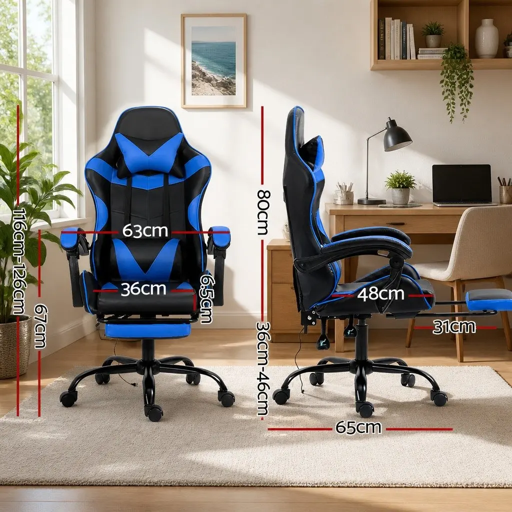 Massage Gaming Office Chair with Footrest 2 Point Vibration Blue Ergonomic