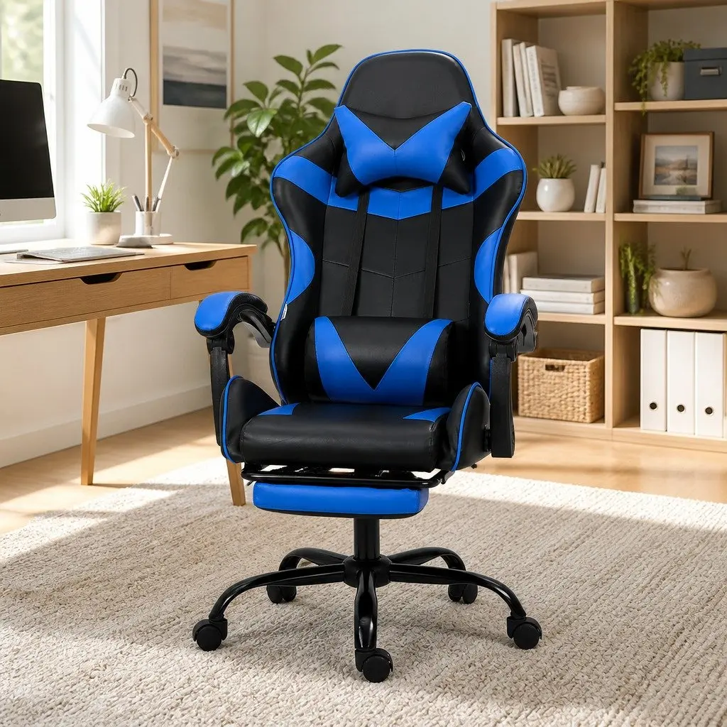 Massage Gaming Office Chair with Footrest 2 Point Vibration Blue Ergonomic