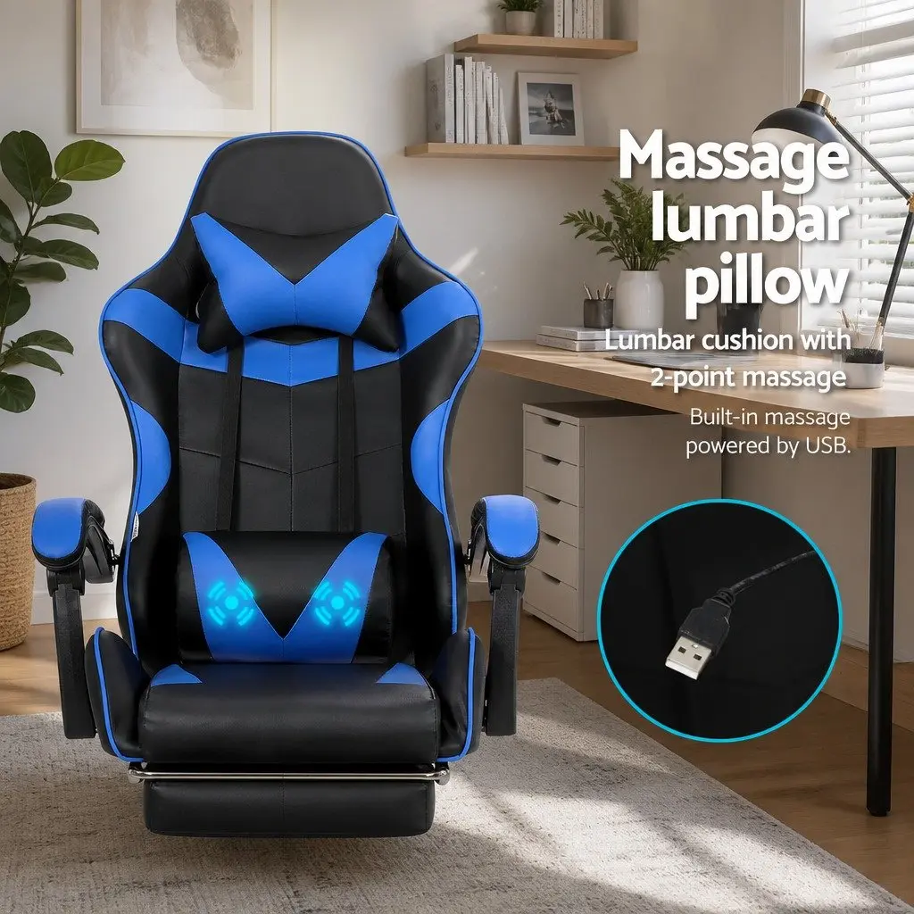 Massage Gaming Office Chair with Footrest 2 Point Vibration Blue Ergonomic