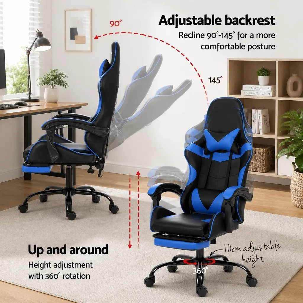 Massage Gaming Office Chair with Footrest 2 Point Vibration Blue Ergonomic