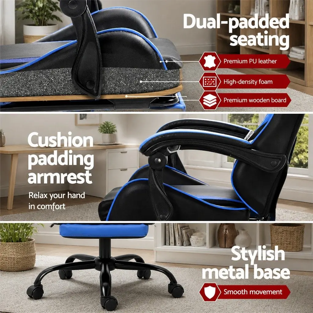 Massage Gaming Office Chair with Footrest 2 Point Vibration Blue Ergonomic