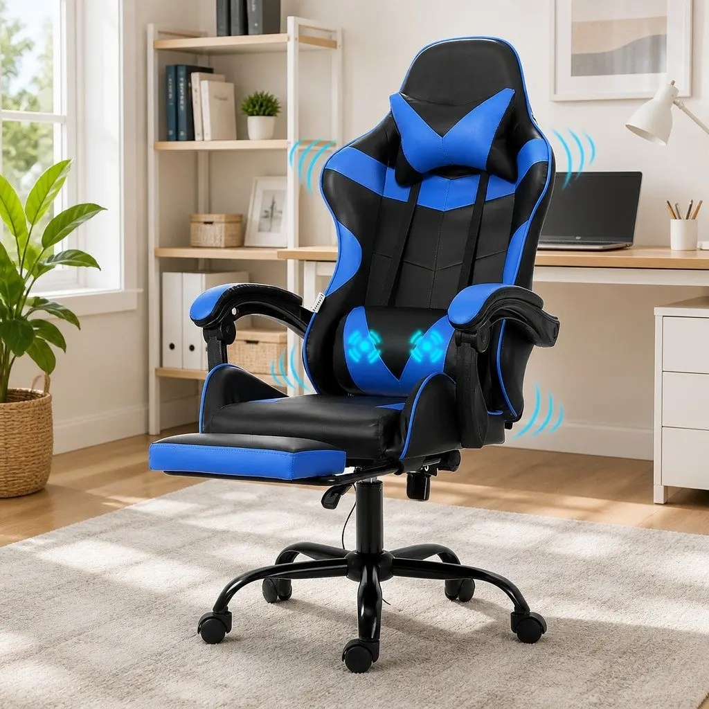 Massage Gaming Office Chair with Footrest 2 Point Vibration Blue Ergonomic