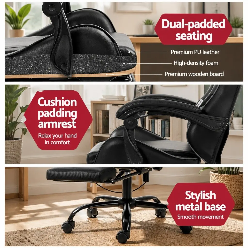 Massage Gaming Office Chair 6 Point Vibration Black Ergonomic Reclining Footrest