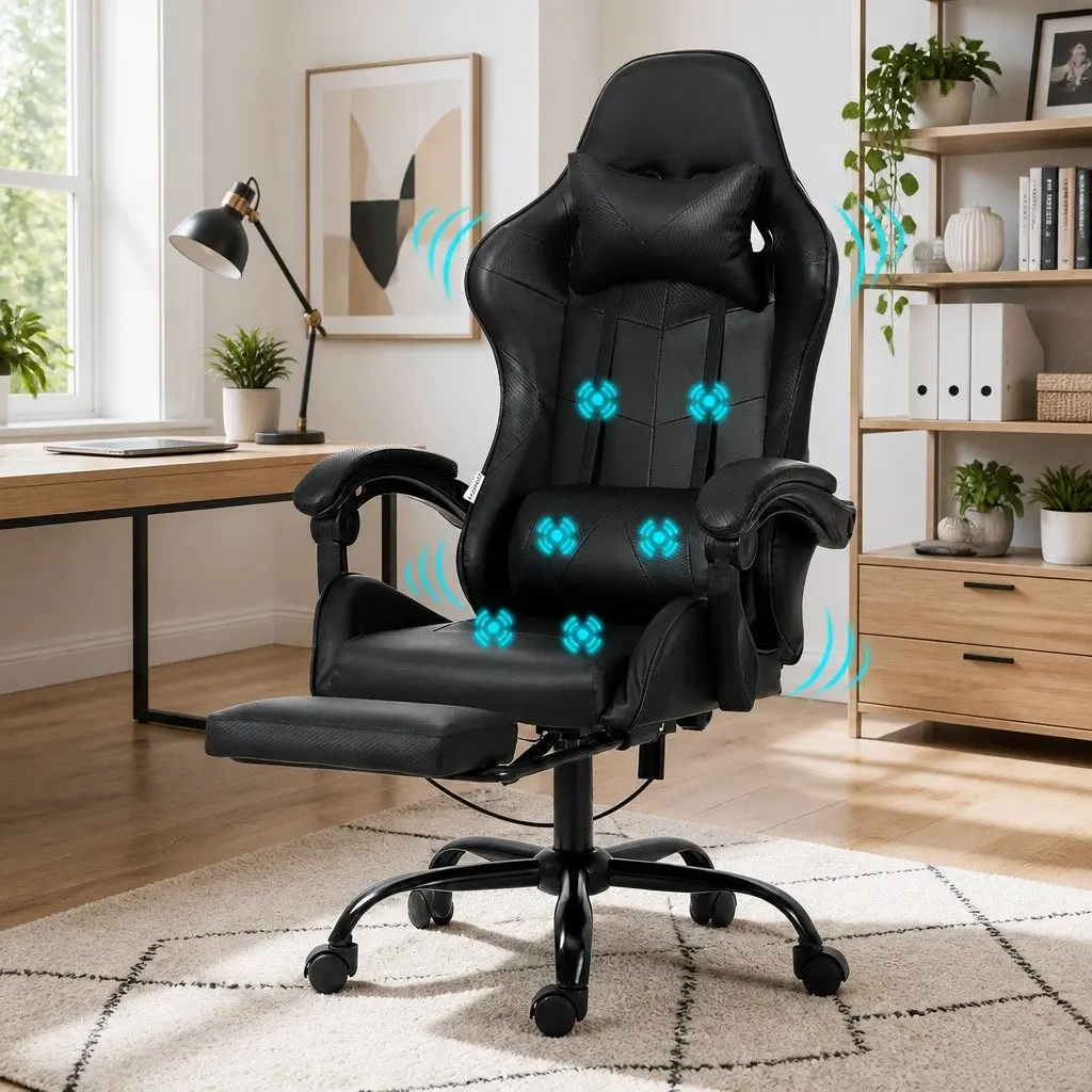 Massage Gaming Office Chair 6 Point Vibration Black Ergonomic Reclining Footrest