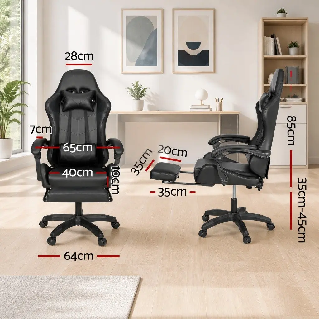 Massage Gaming Office Chair 6 Point Vibration 7 LED Footrest Black