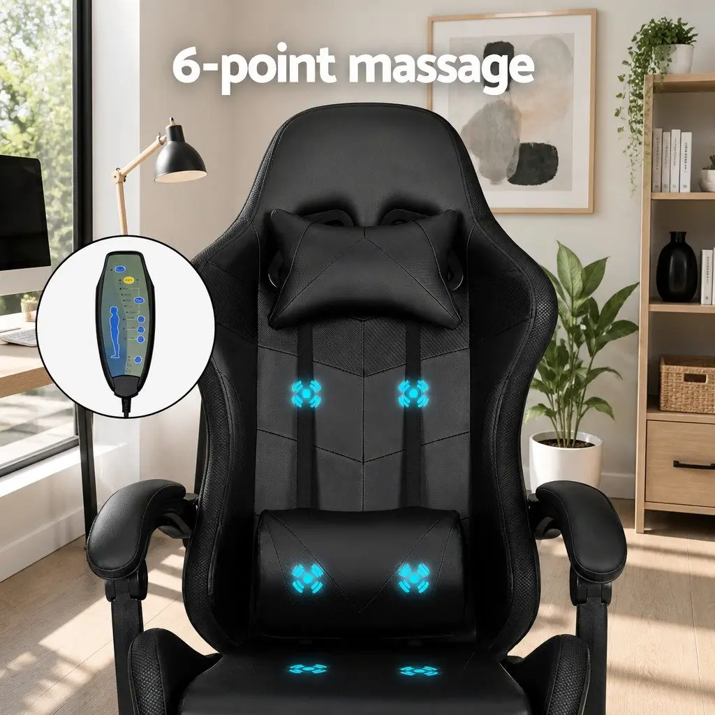 Massage Gaming Office Chair 6 Point Vibration 7 LED Footrest Black