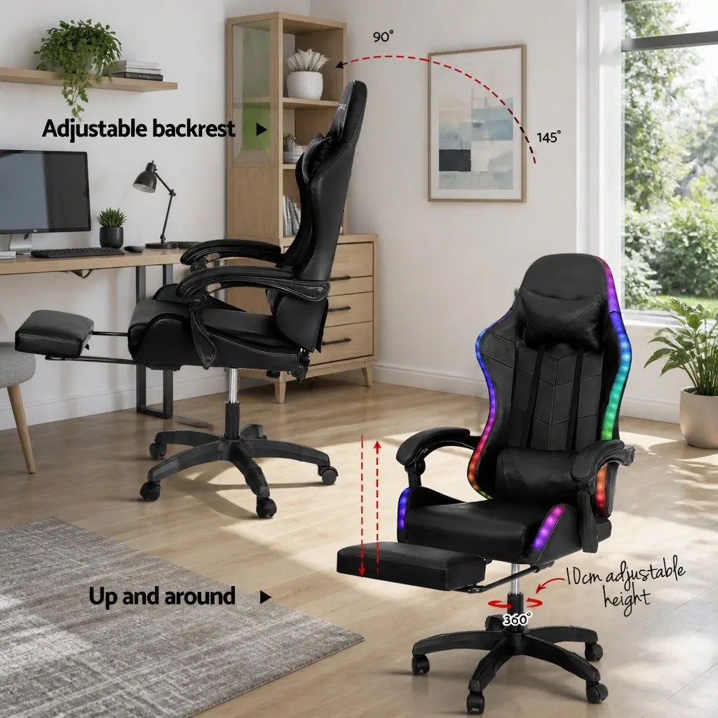 Massage Gaming Office Chair 6 Point Vibration 7 LED Footrest Black