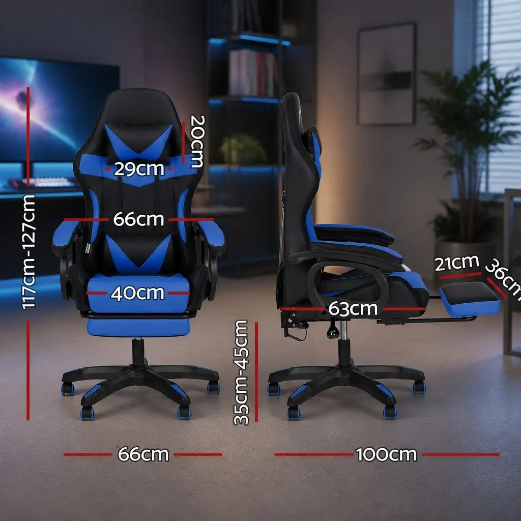 Gaming Office Chair RGB LED Massage Ergonomic PU Leather with Footrest Blue Black